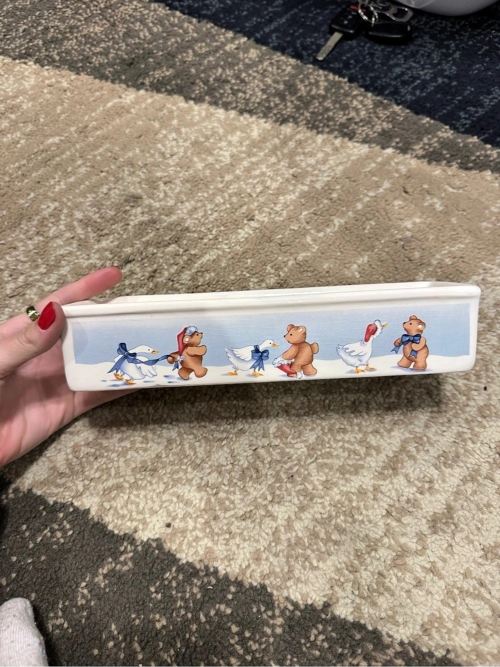 Christmas Teddy Bear & Goose cracker Tray in White & Blue